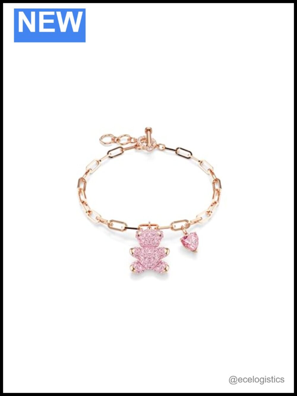 Swarovski Teddy Bear Charm Link Bracelet Rose Gold Tone Crystal Enamel T Bar